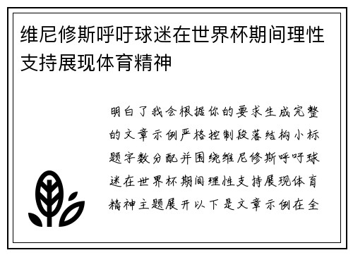 维尼修斯呼吁球迷在世界杯期间理性支持展现体育精神